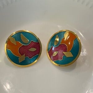 Vintage Lan Signed Multi Colored Enamel Floral Post Earrings